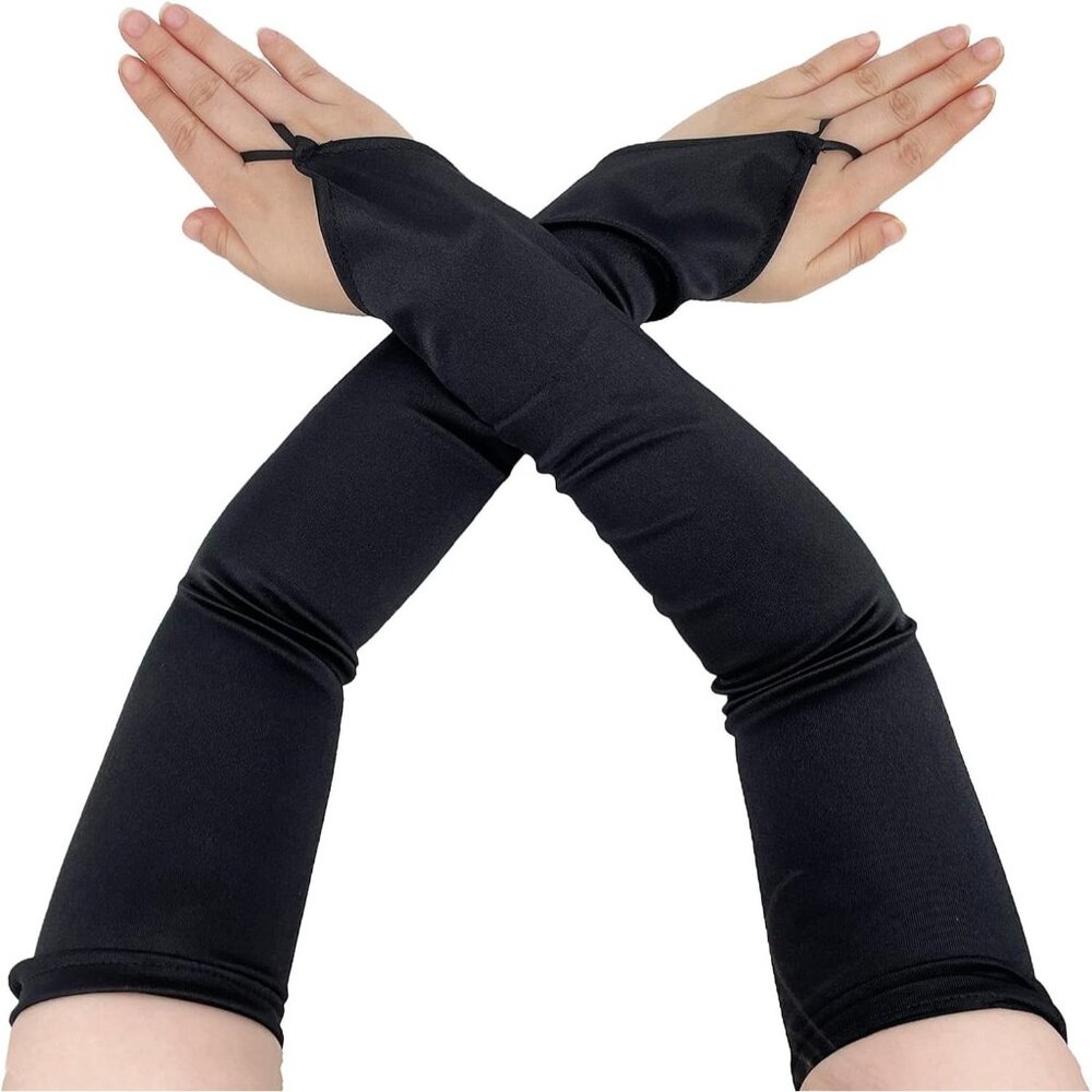 Women's Black Long Satin Finger Loop Fabric Gloves Opera Party Prom Costume